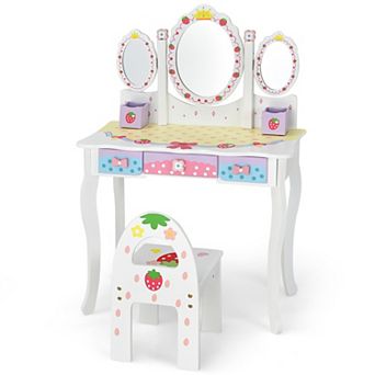 Costway Kids Vanity Princess Makeup Dressing Table Chair Set w/ Tri-fold Mirror