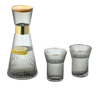 Bedside Carafe Set 34oz Hand-Blown Glass with 2 Glasses Wicker Lid Nightstand Use - Grey