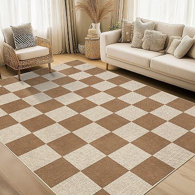 Checkered Washable Easy Jute Bedroom Carpet, Non-Slip Non-Shedding Low Pile Indoor Outdoor Rug