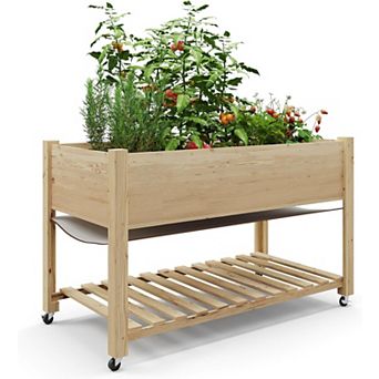 Wooden Raised Planter Box with Storage Shelf, Protective Liner, Mobile Elevated Wood Planter