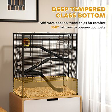 PawHut Hamster Cage, 4 Tiers Hamster Tank with Deep Glass Bottom, 31inchL