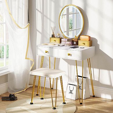 HU10946US-WH Costway Industrial Mirrored Vanity Makeup Dressing Table Padded Stool Set