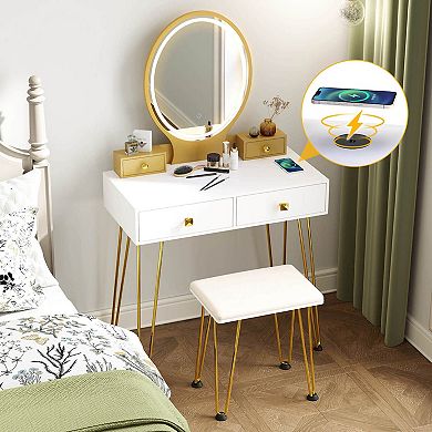 HU10946US-WH Costway Industrial Mirrored Vanity Makeup Dressing Table Padded Stool Set