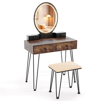 HU10946US-WH Costway Industrial Mirrored Vanity Makeup Dressing Table Padded Stool Set