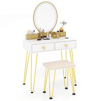 HU10946US-WH Costway Industrial Mirrored Vanity Makeup Dressing Table Padded Stool Set