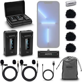 Movo WMX-2-L-DUO Dual Wireless Lavalier Microphone with Charging Case for iPhone 14 and below