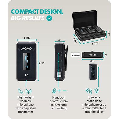 Movo WMX-2-L-DUO Dual Wireless Lavalier Microphone with Charging Case for iPhone 14 and below