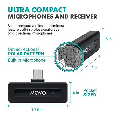 Movo Wireless Mini USB-C Duo Wireless Microphone for iPhone 15 and up