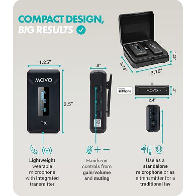 Movo WMX-2-L Wireless Microphone for iPhone with Charging Case (Lightning)