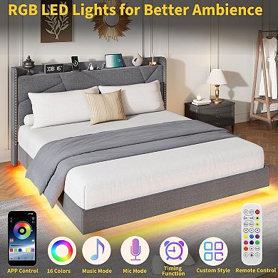 Floating Bed Frame with RGB LED Lights & Charging Station, Upholstered Storage Headboard