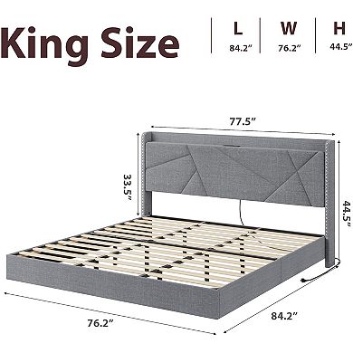 Floating Bed Frame with RGB LED Lights & Charging Station, Upholstered Storage Headboard