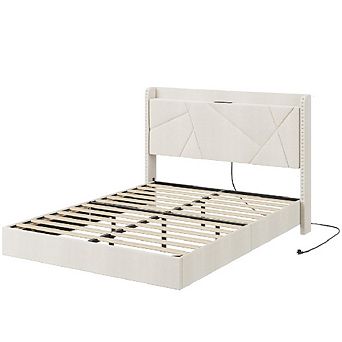 Floating Bed Frame with RGB LED Lights & Charging Station, Upholstered Storage Headboard