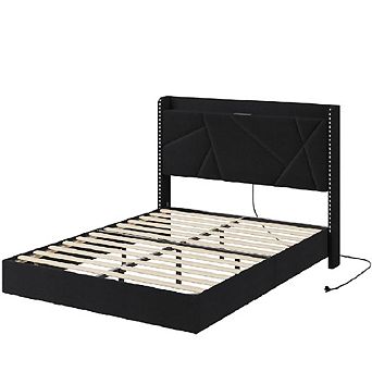 Floating Bed Frame with RGB LED Lights & Charging Station, Upholstered Storage Headboard