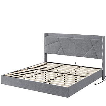 Floating Bed Frame with RGB LED Lights & Charging Station, Upholstered Storage Headboard