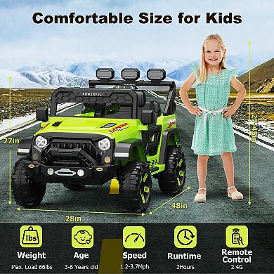 12V Kids Electric Ride-On Car, Parent Remote Control, 3 Speeds,LED,Bluetooth,Battery Powered Toy Car
