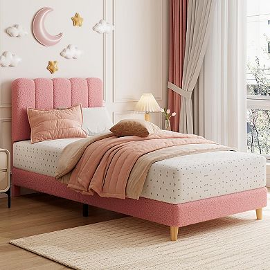 Bed Frame with Boucle Upholstery & Wave Headboard for Girls, Easy Assembly, Wood Slat Support