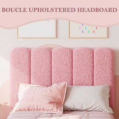 Bed Frame with Boucle Upholstery & Wave Headboard for Girls, Easy Assembly, Wood Slat Support