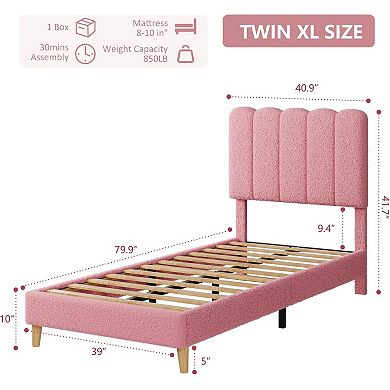Bed Frame with Boucle Upholstery & Wave Headboard for Girls, Easy Assembly, Wood Slat Support