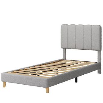 Bed Frame with Boucle Upholstery & Wave Headboard for Girls, Easy Assembly, Wood Slat Support