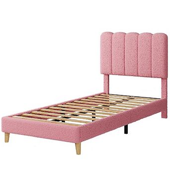 Bed Frame with Boucle Upholstery & Wave Headboard for Girls, Easy Assembly, Wood Slat Support