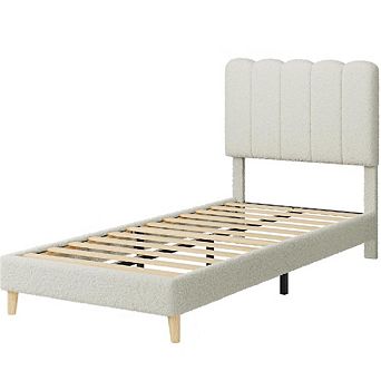 Bed Frame with Boucle Upholstery & Wave Headboard for Girls, Easy Assembly, Wood Slat Support