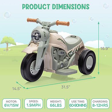 6V Kids Ride-On Bubble Motorcycle with LED Headlight,Music,3 Wheels,Forward/ReverseFun Electric Toy