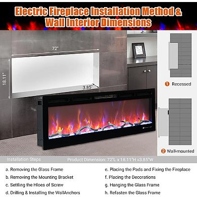 Electric Fireplace 72 Inch Wall Recessed with Remote Control for Bedroom Living Room