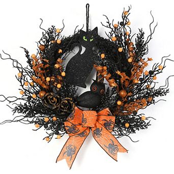 Black Cat Wreaths for Front Door,22" Natural Vine Wreath with Black Cat Rose Owl and Berry