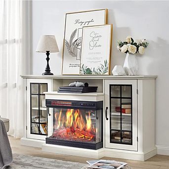 75 in 3 Sided Glass Fireplace Heater TV Stand with LED Lights for Living Room, Home