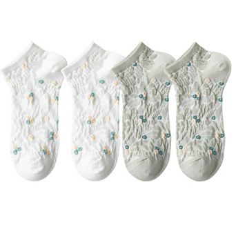 4 Pairs Women's Low-Cut Floral Embroidered Socks Soft Combed Cotton Breathable Fit