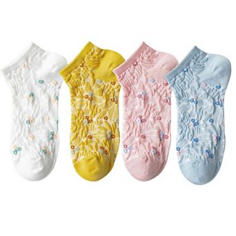 4 Pairs Women's Low-Cut Floral Embroidered Socks Soft Combed Cotton Breathable Fit