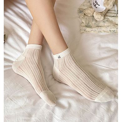 4 Pairs Women's Ankle Mesh Socks with Bear Embroidery Lightweight Breathable Knit and Elastic Cuffs