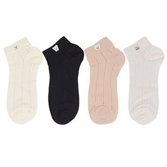 4 Pairs Women's Ankle Mesh Socks with Bear Embroidery Lightweight Breathable Knit and Elastic Cuffs