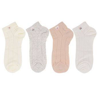 4 Pairs Women's Ankle Mesh Socks with Bear Embroidery Lightweight Breathable Knit and Elastic Cuffs