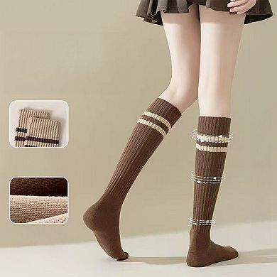 Women's 4-Pair Set Ribbed Knee-High Socks with Striped Detail Slim Fit Stretch Design
