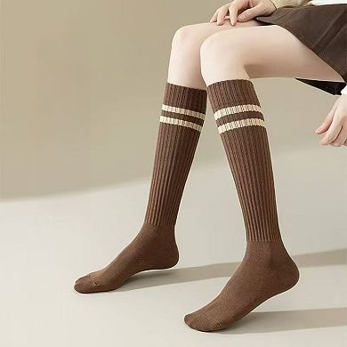 Women's 4-Pair Set Ribbed Knee-High Socks with Striped Detail Slim Fit Stretch Design