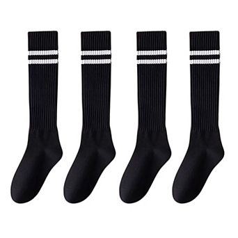 Women's 4-Pair Set Ribbed Knee-High Socks with Striped Detail Slim Fit Stretch Design