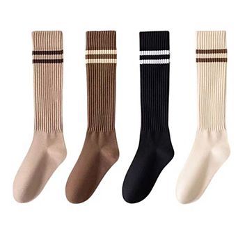 Women's 4-Pair Set Ribbed Knee-High Socks with Striped Detail Slim Fit Stretch Design