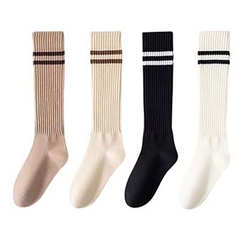Women's 4-Pair Set Ribbed Knee-High Socks with Striped Detail Slim Fit Stretch Design