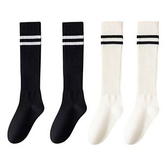 Women's 4-Pair Set Ribbed Knee-High Socks with Striped Detail Slim Fit Stretch Design