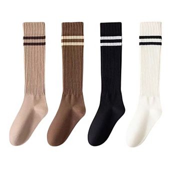 Women's 4-Pair Set Ribbed Knee-High Socks with Striped Detail Slim Fit Stretch Design