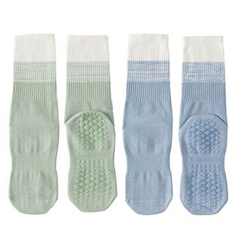 Women's 2-Pair Set Gradient Mid-Calf Grip Socks with Soft Seamless Toe and Anti-Slip Bottom