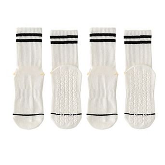 Women's 2-Pair Set Crew Athletic Socks with Striped Cuffs and Full Sole Grip for Yoga Fitness