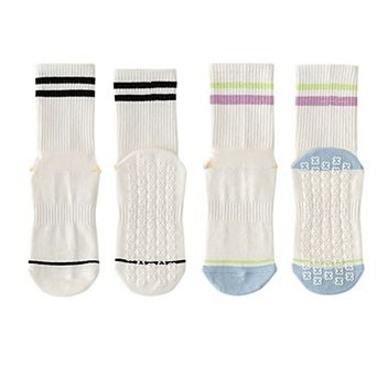 Women's 2-Pair Set Crew Athletic Socks with Striped Cuffs and Full Sole Grip for Yoga Fitness