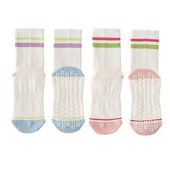 Women's 2-Pair Set Crew Athletic Socks with Striped Cuffs and Full Sole Grip for Yoga Fitness