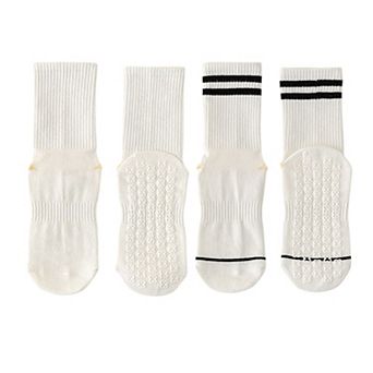 Women's 2-Pair Set Crew Athletic Socks with Striped Cuffs and Full Sole Grip for Yoga Fitness