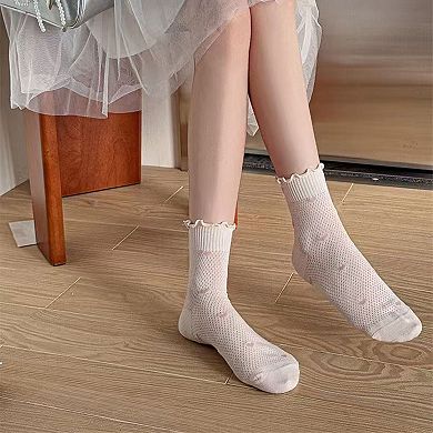 Women's 5-Pair Set Frilly Crew Socks with Heart Pattern and Ruffle Trim Breathable Knit Design