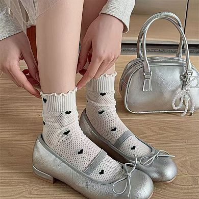 Women's 5-Pair Set Frilly Crew Socks with Heart Pattern and Ruffle Trim Breathable Knit Design