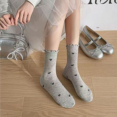 Women's 5-Pair Set Frilly Crew Socks with Heart Pattern and Ruffle Trim Breathable Knit Design