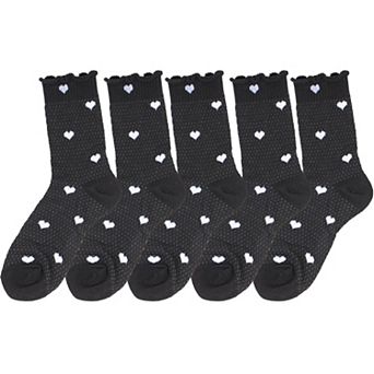 Women's 5-Pair Set Frilly Crew Socks with Heart Pattern and Ruffle Trim Breathable Knit Design